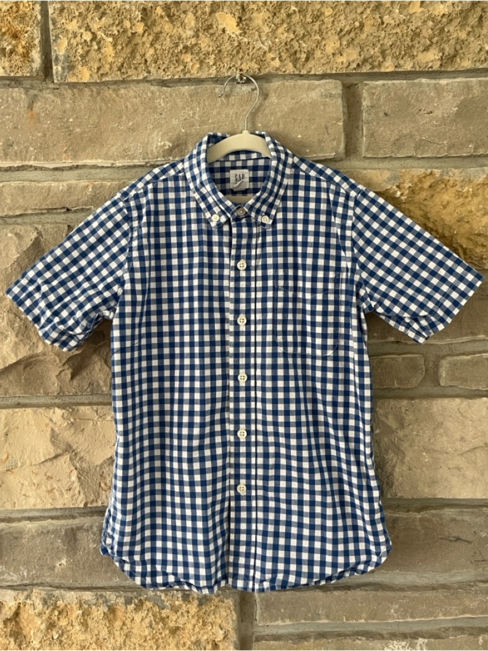 GAP Short-Sleeve Blue and White Gingham Button-Down Shirt